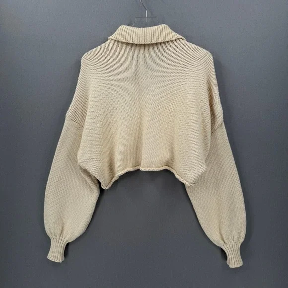 ZARA Cropped Polo Sweater Women Small Cream Relaxed Balloon Sleeve Casual Collar - Picture 3 of 15
